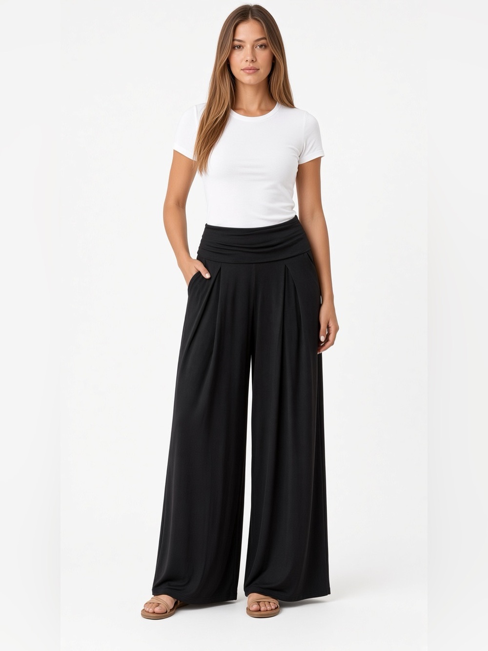 Blogilates Black Fold Over Wide Leg Pants Modal L